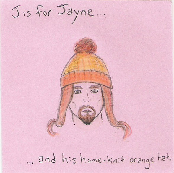 J is for Jayne and his home-knit orange hat.