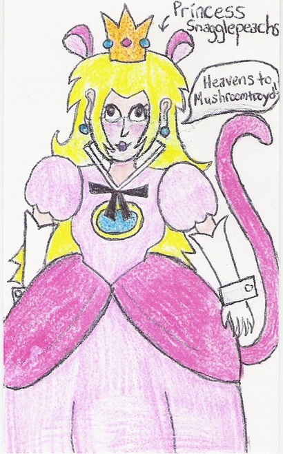 Princess Snagglepeachs [Princess Peach wearing Snagglepuss's collar, ears, tail, and cuffs, and exclaiming 