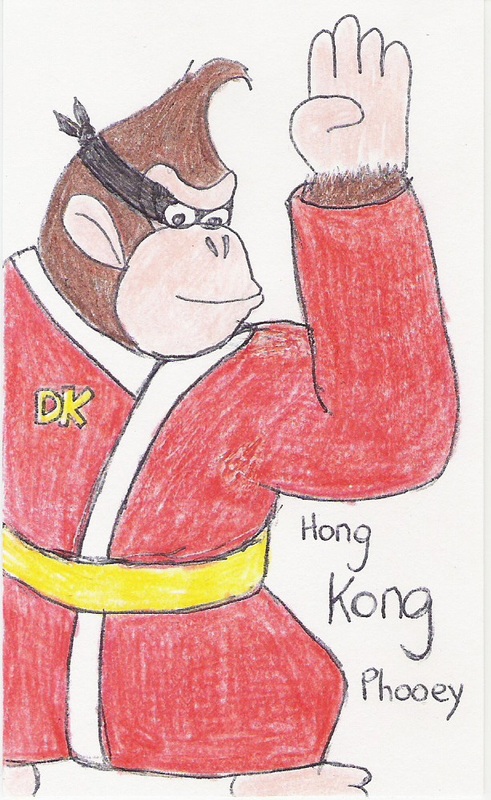 Hong Kong Phooey [Donkey Kong wearing Phooey's mask and robe, and about to do a Phooey Chop]