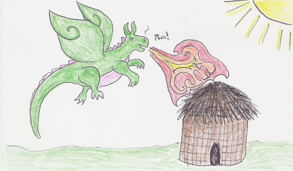 [Picture of a very cute dragon burning down a thatched hut with a 