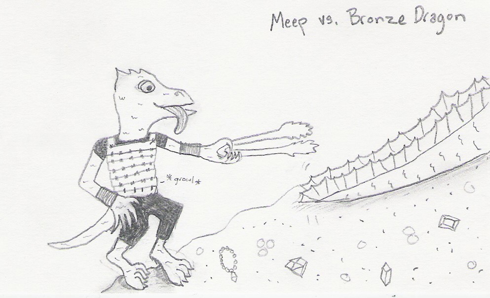 Meep vs. Bronze Dragon [hungry kobold sneaking up behind dragon's tail with tongs]