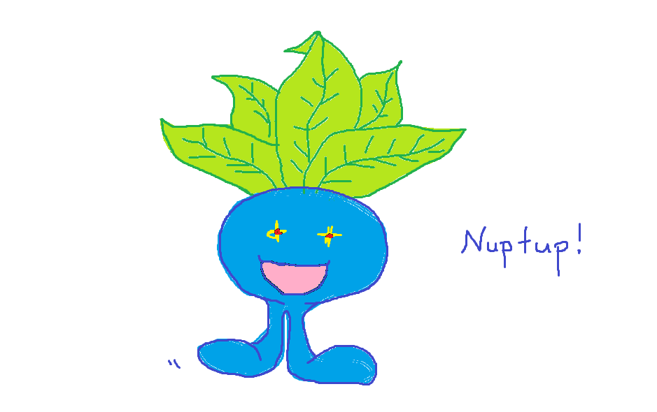 Drawing of the most adorable oddish, with text 