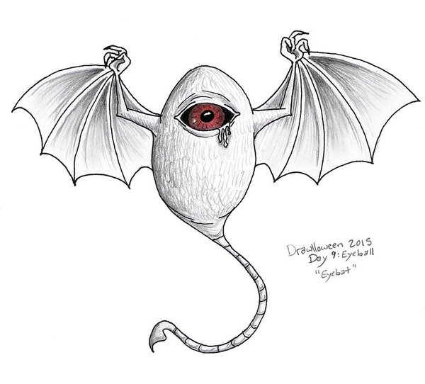 Inked pencil drawing of a D&D eyewing with a red pupil