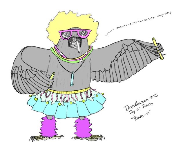 digitally-coloured pencil drawing of a raven in rave gear singing rave music