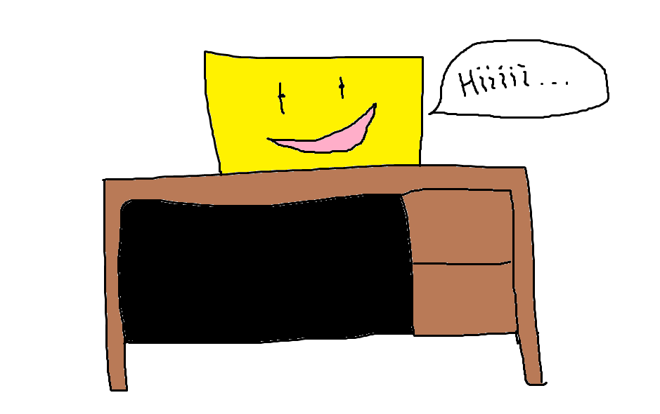 A yellow box with creepy eyes and a banana smile sits on a computer desk and says 