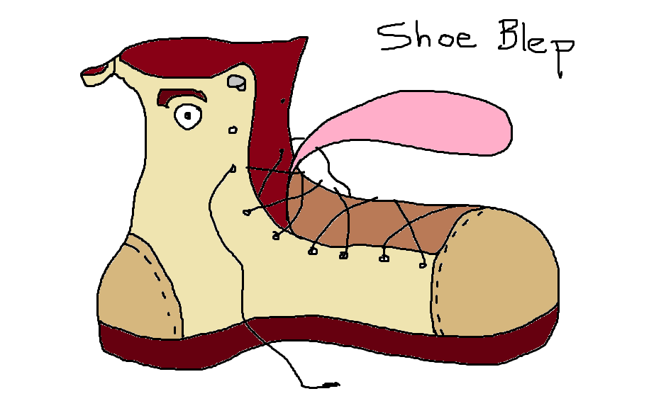 drawing of an anthropomorphized shoe with its tongue stick out