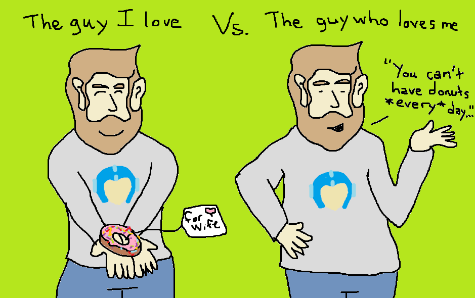 The guy I love (who brings me donuts) vs the guy who loves me (who doesn't bring me donuts)