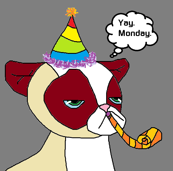 Grumpy Cat in a party hat, with a party horn, thinking 