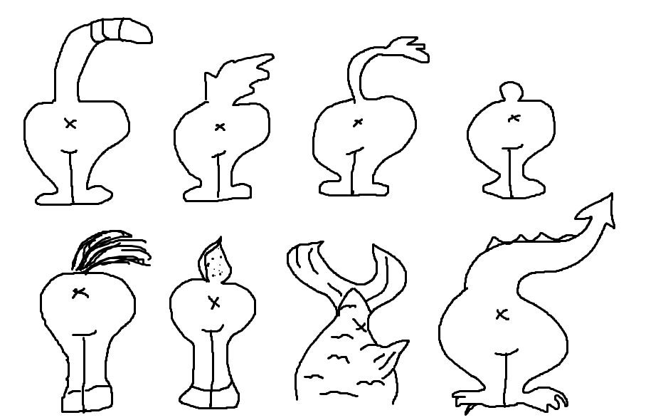 digital drawing of 8 cartoon animal butts including a bear, horse, deer, fish, and dragon