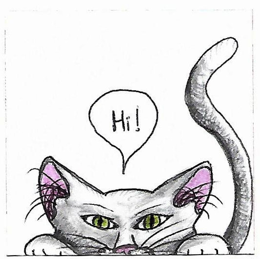 pen and pencil drawing of a cat peaking up from the bottom of the page to say 