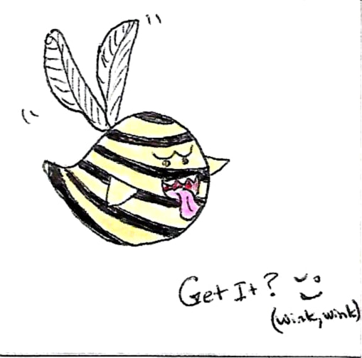A Boo enemy from the Super Mario franchise, decorated with bee stripes and wings. Text reads 