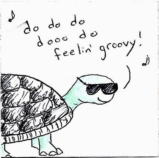 pen and marker drawing of a turtle wearing sunglasses singing 