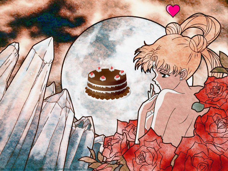 shoujo image of the moon framed by crystals on one side, and Sailor Moon surrounded in roses on the other. Husband has added a chocolate cake in the center, and a heart floating over her head, so it looks like she is gazing with longing at the dessert, instead of just pensively looking off in the distance as in the original